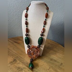 Teal & Brown Beaded Copper Necklace w/ Chinese Antique Carved Fish Kath Moffat